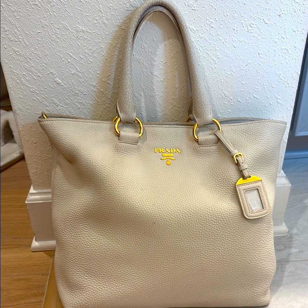 Prada Beige Leather Tote with Gold Accents, and long handle strap